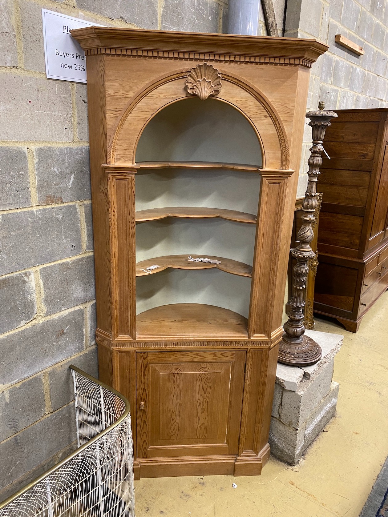 A George III style pitch pine standing corner cabinet, width 96cm, depth 34cm, height 199cm